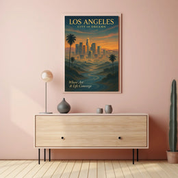 Los Angeles Skyline Sunset Art Poster: Dreamy Illustration