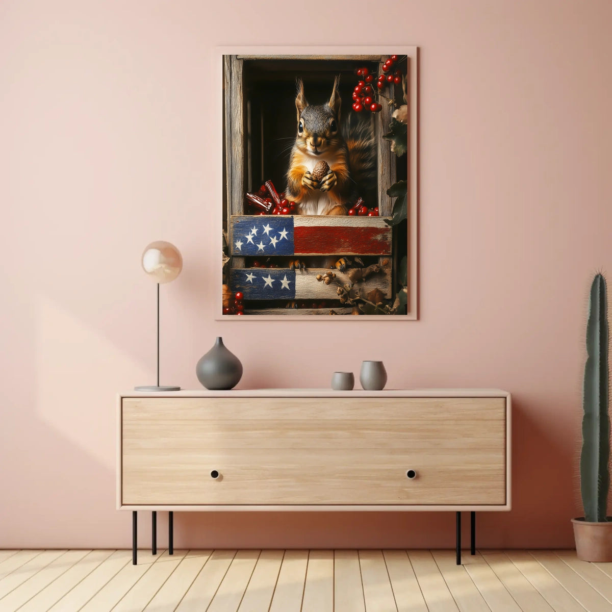 squirrel sitting upright inside a wooden crate Poster