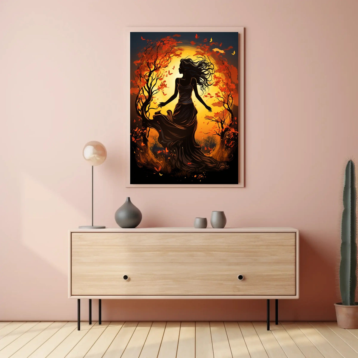 Autumn Dance: Silhouetted Woman in Vibrant Landscape