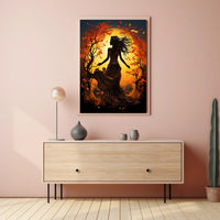 Autumn Dance: Silhouetted Woman in Vibrant Landscape