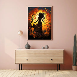 Autumn Dance: Silhouetted Woman in Vibrant Landscape
