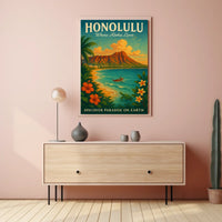 Honolulu Vintage Paradise Travel Poster Illustration