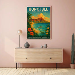 Honolulu Vintage Paradise Travel Poster Illustration