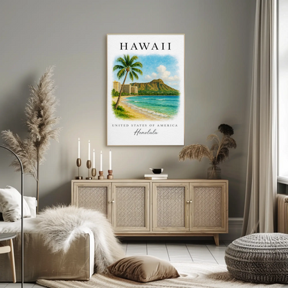 Honolulu Hawaii Diamond Head Beach Scene Poster