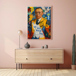 Colorful Artistic Pop Culture Poster with Dynamic Visual Elements