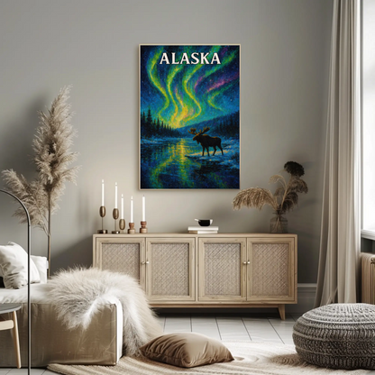 Alaska Aurora Borealis Moose Night Sky Travel Poster