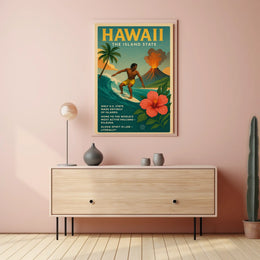 Hawaii Adventure Vintage Travel Poster: Surfing & Volcano