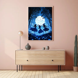 Witches Dancing Under Full Moon Mystical Forest Magic Poster
