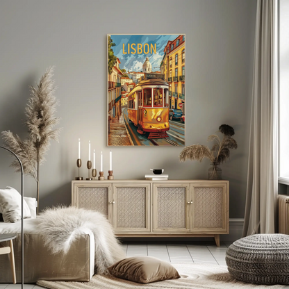 Lisbon Yellow Tram Cityscape Portugal Travel Poster