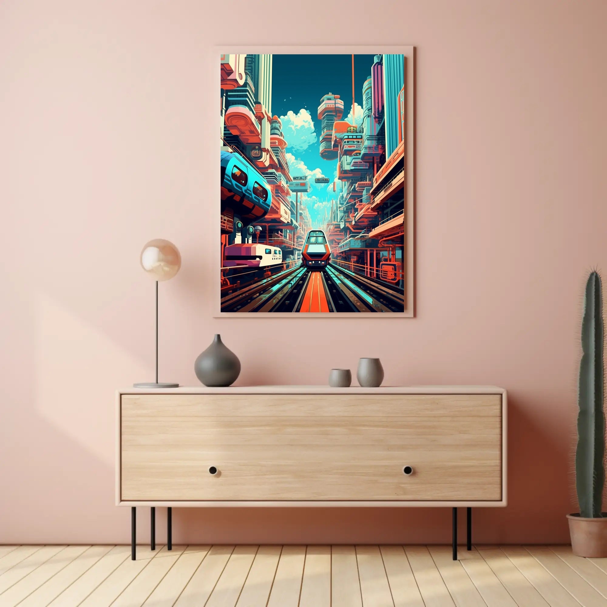 Futuristic Cityscape with High-Speed Train Poster