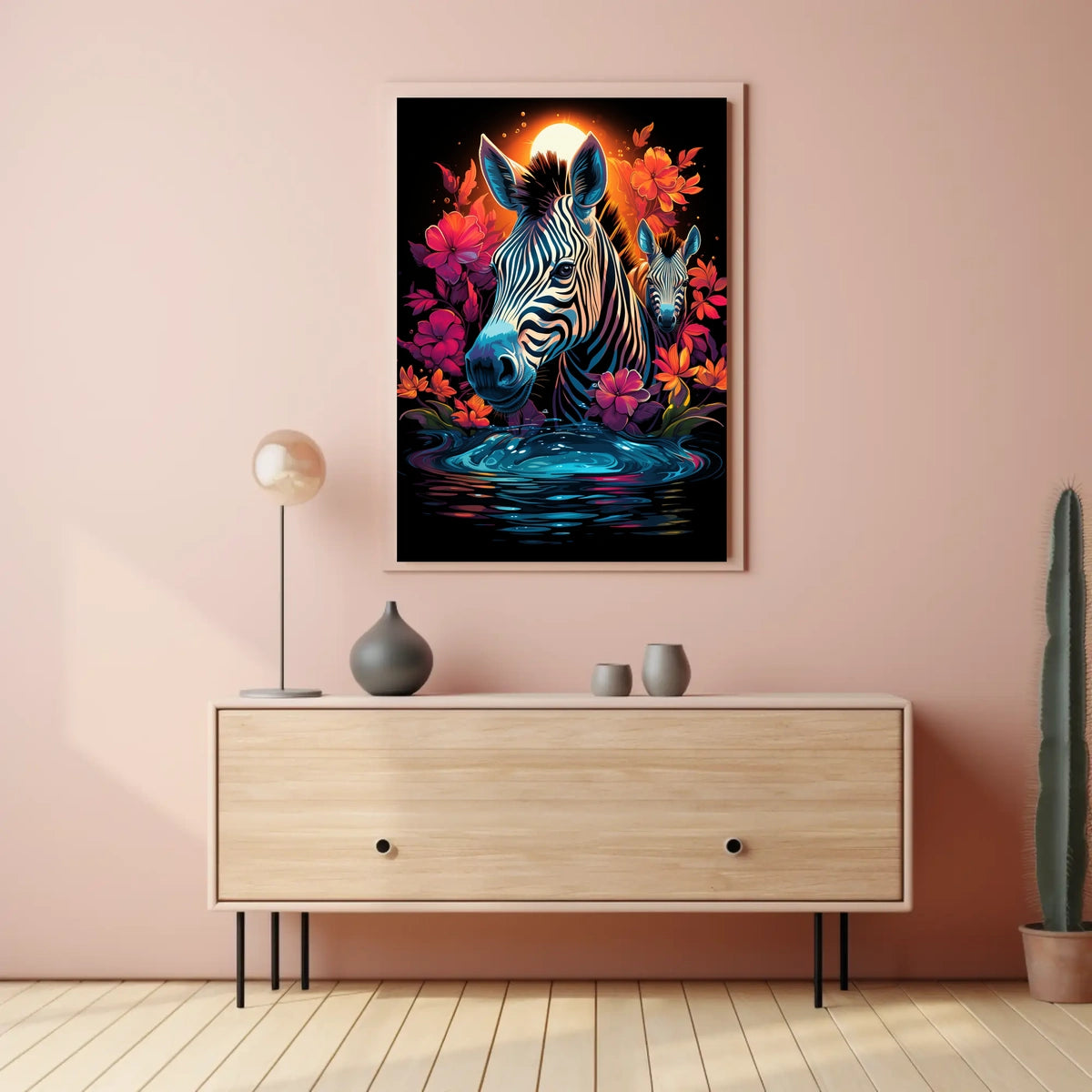 Vibrant Zebras in Dreamlike African Landscape Poster