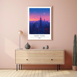New York City Twilight Skyline Poster Vintage Wall Art