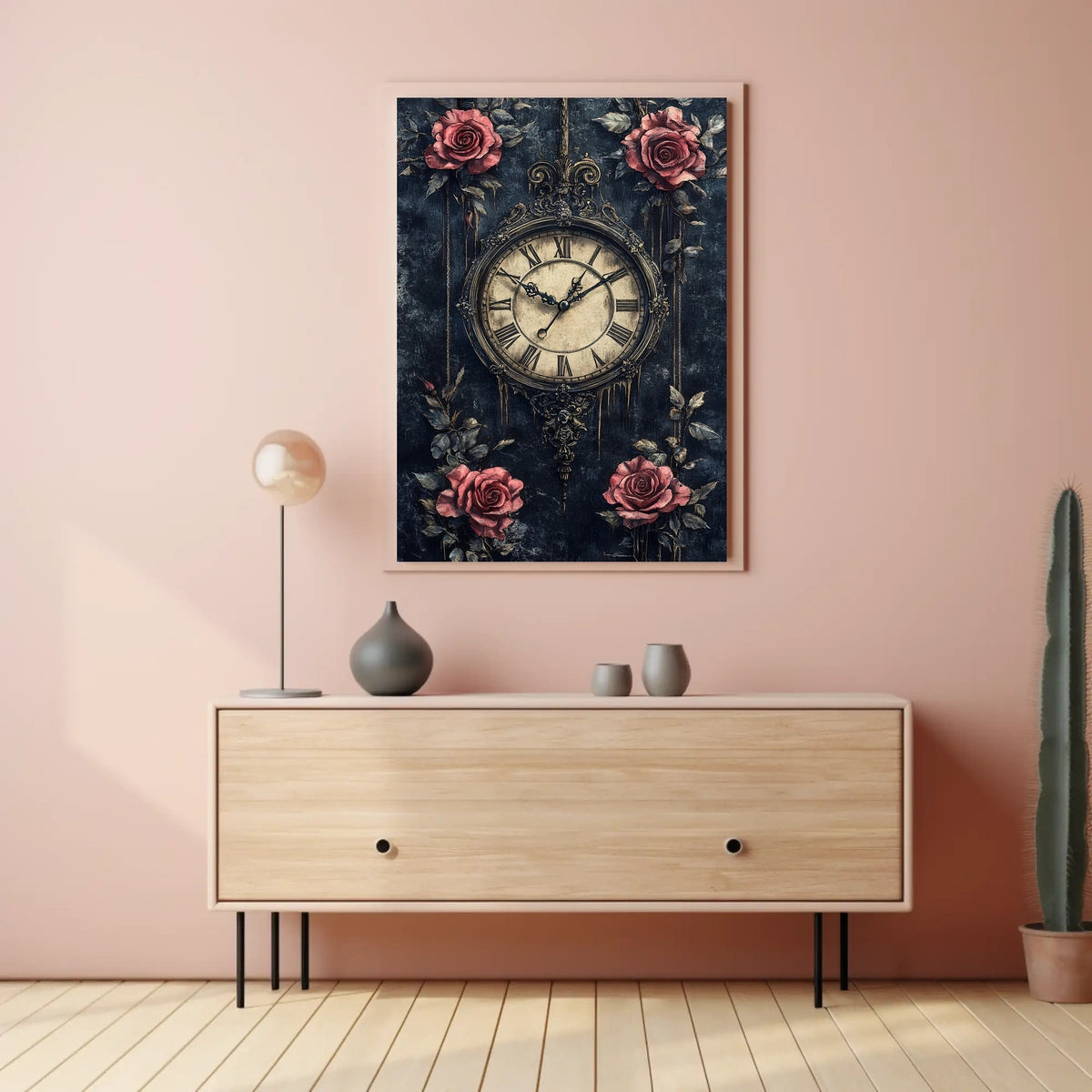 Vintage Clock and Roses Artistic Wall Art Poster