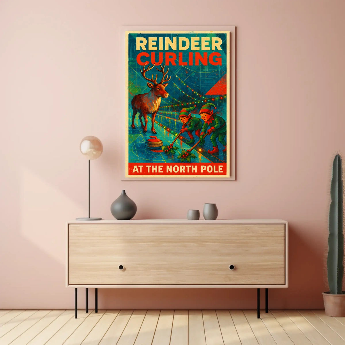 Reindeer Curling at the North Pole Poster