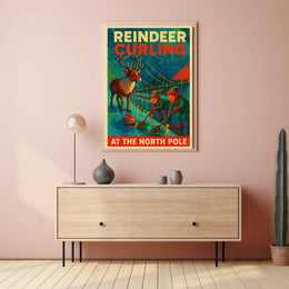 Reindeer Curling at the North Pole Poster