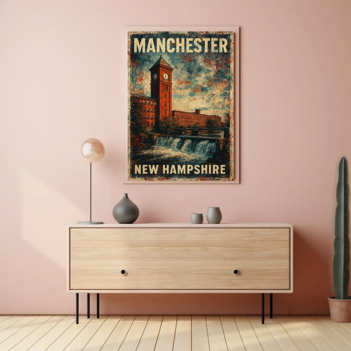 Manchester NH Scenic Vintage Travel Map Poster