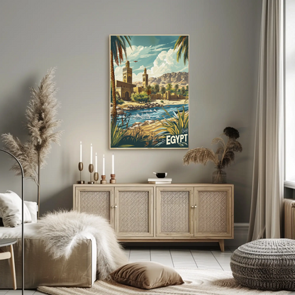 Egypt Desert Mosque and River Travel Poster