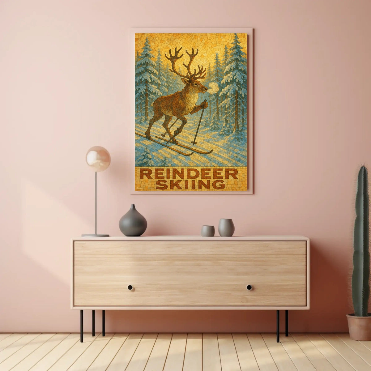 Reindeer Skiing Poster