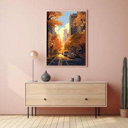 Urban Autumn Street Scene: Abstract, Artistic, or Pop Culture Poster