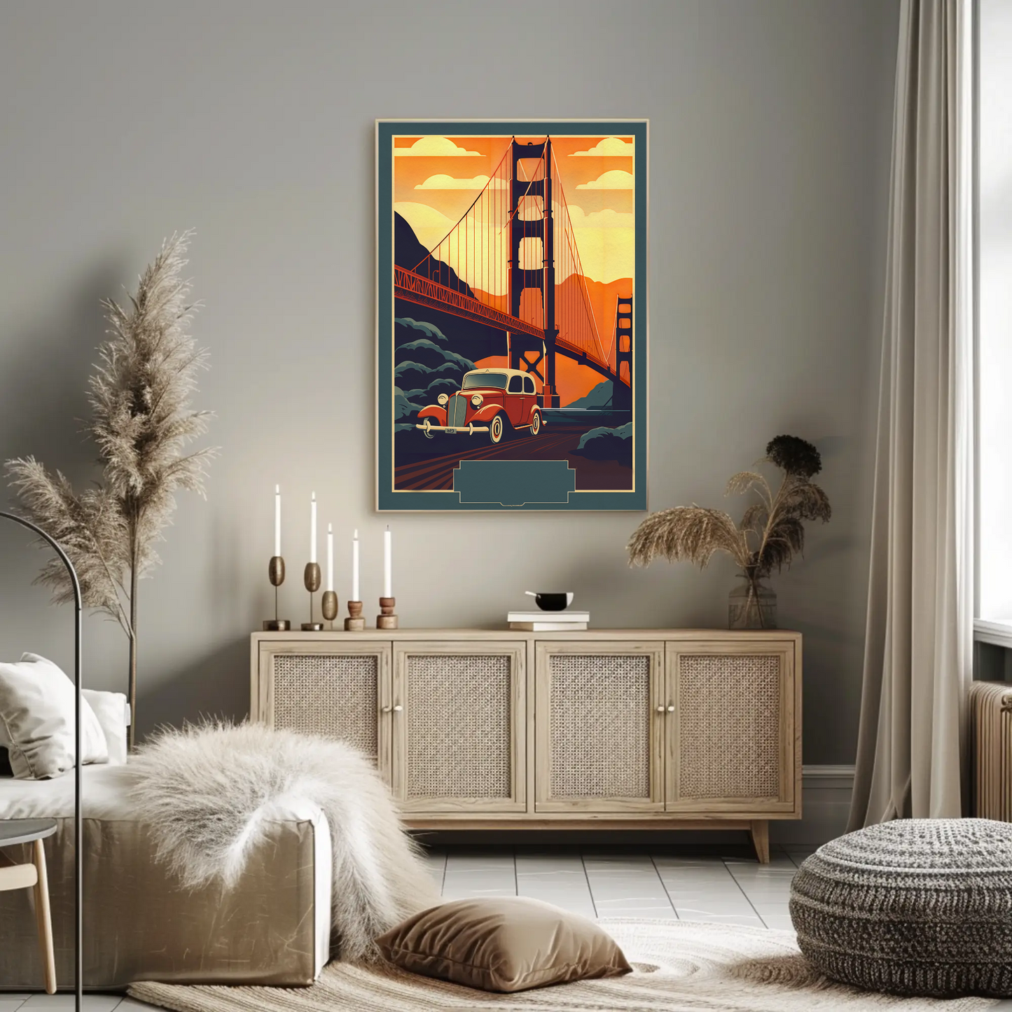 Golden Gate Bridge Vintage Car Drive Travel Poster