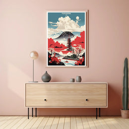 Japanese Tranquility Travel Poster with Pagoda and Mount Fuji