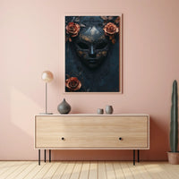 The poster features a stylized ornate mask in a dark and moody setting. Travel Poster