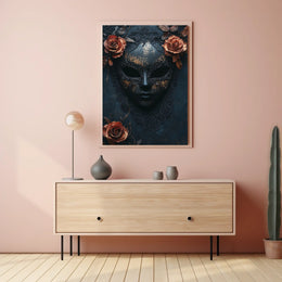 The poster features a stylized ornate mask in a dark and moody setting. Travel Poster