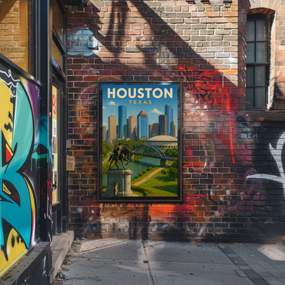 Houston Texas Skyline River Monument Vintage Travel Poster