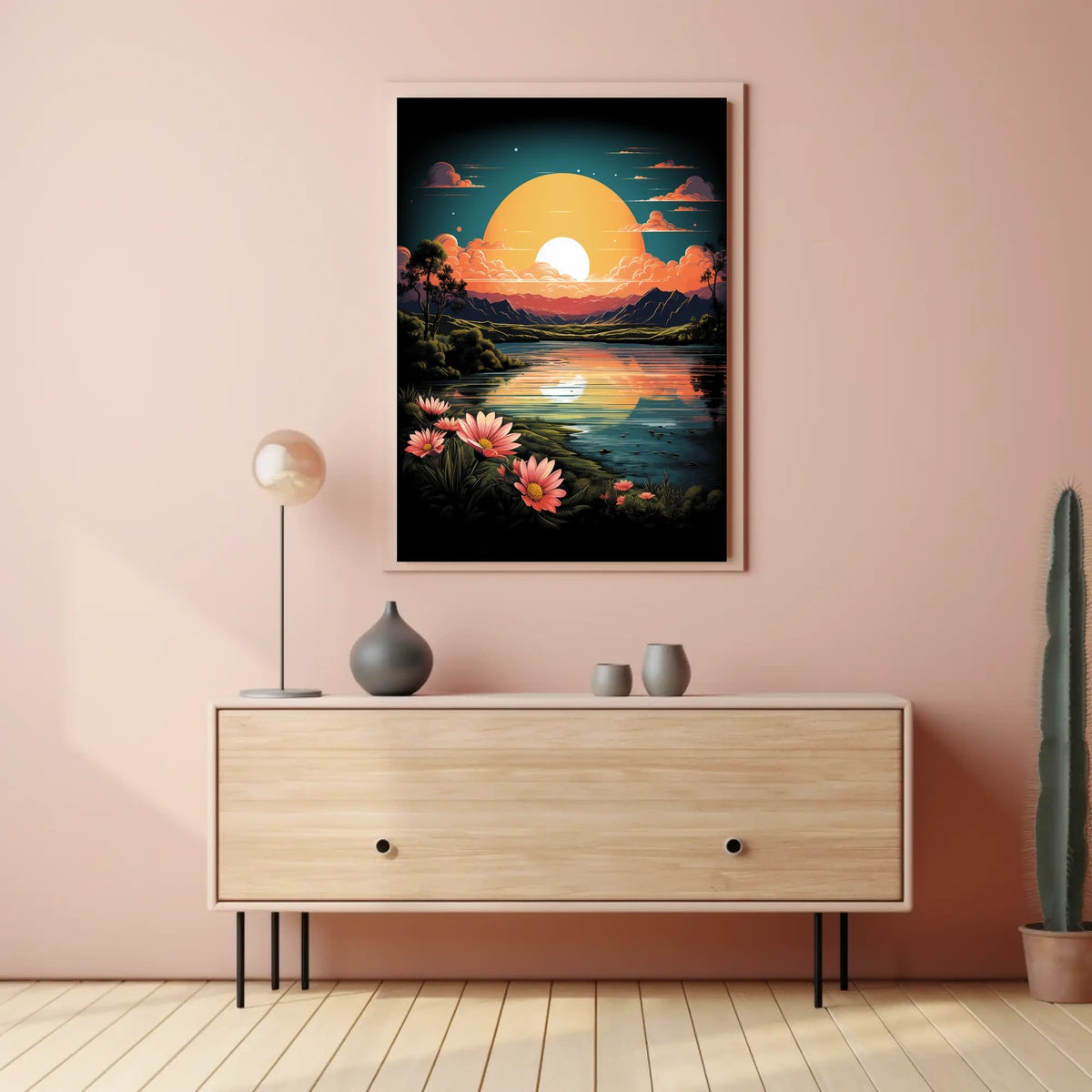 Tranquil Sunset Over Floral Landscape Poster
