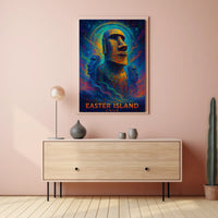 The poster showcases Easter Island, with a focus on the iconic Moai statues, Travel Poster