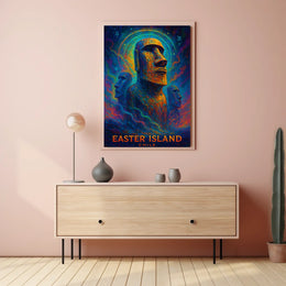 The poster showcases Easter Island, with a focus on the iconic Moai statues, Travel Poster