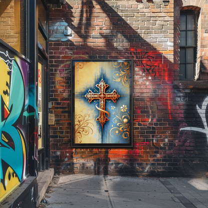 Gothic Blue Gold Cross Ornament Vintage Travel Poster