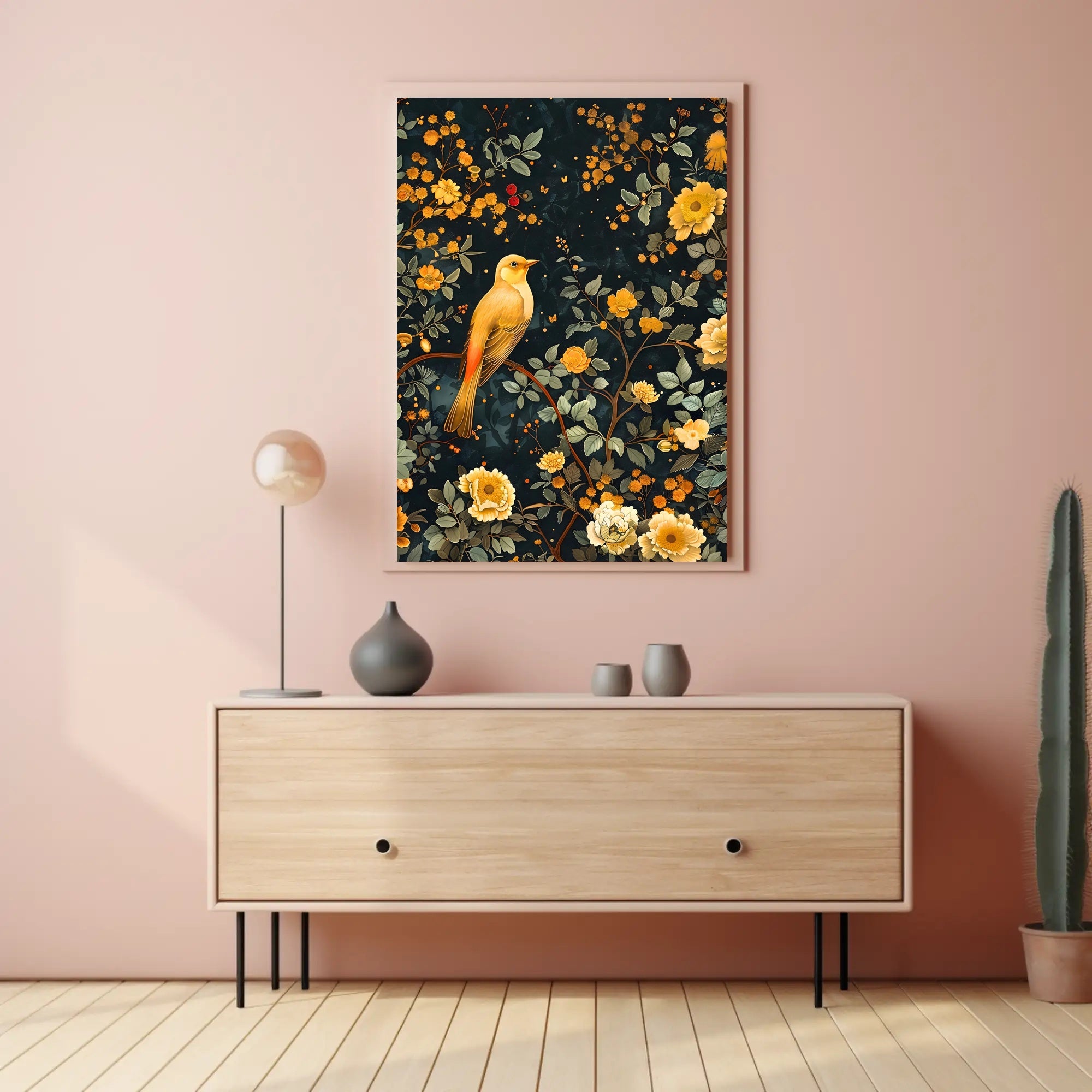 Golden Bird and Blossoms Wall Art Print
