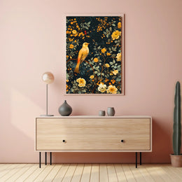 Golden Bird and Blossoms Wall Art Print