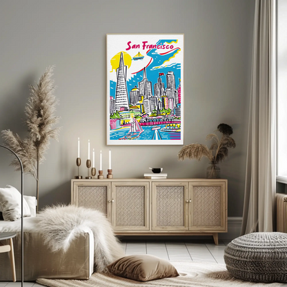 San Francisco California Colorful Skyline Waterfront Travel Poster