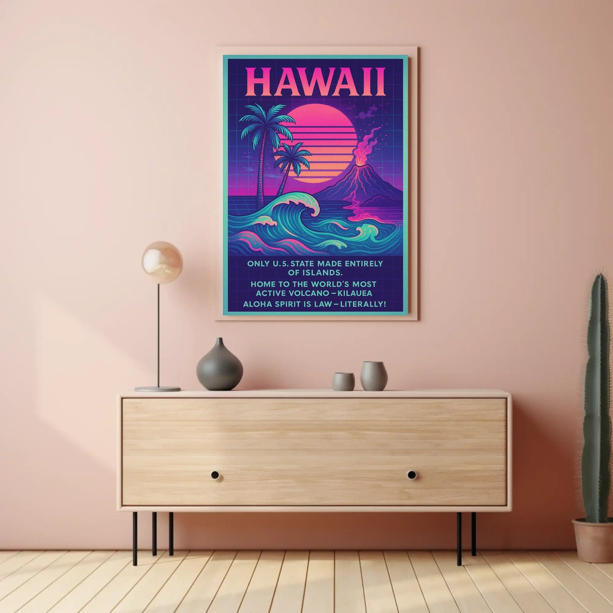 The poster centers on Hawaii, emphasizing its unique geographical and cultural attributes. The Travel Poster