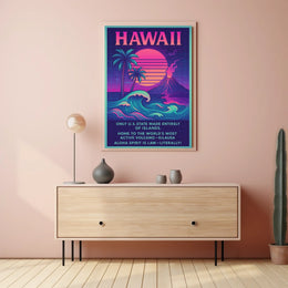 The poster centers on Hawaii, emphasizing its unique geographical and cultural attributes. The Travel Poster