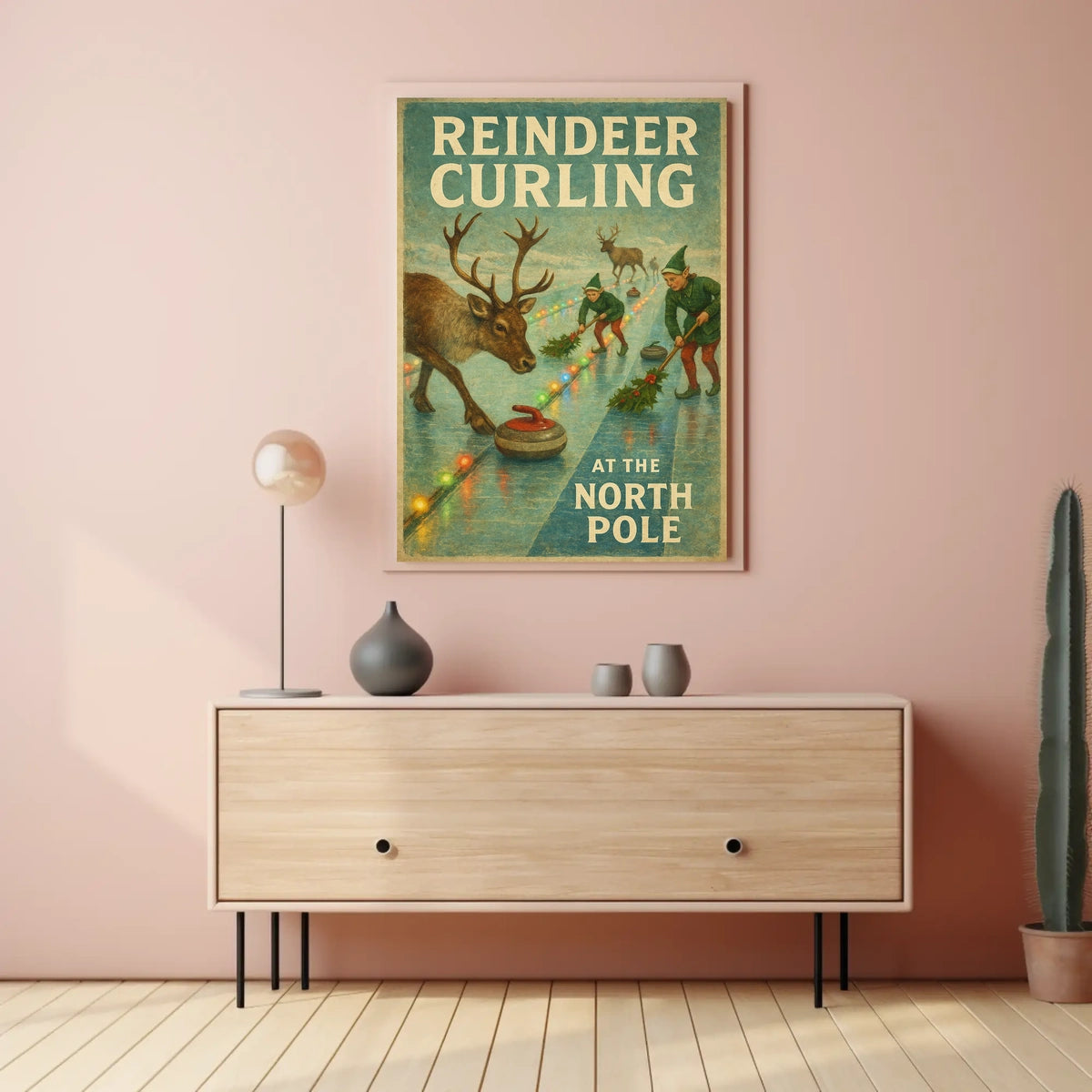 Reindeer Curling at the North Pole Poster