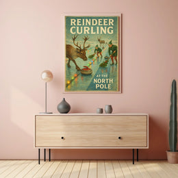 Reindeer Curling at the North Pole Poster