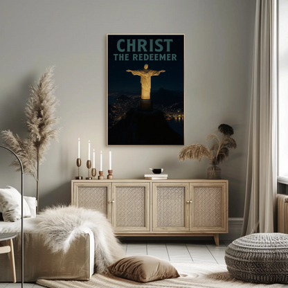 Christ The Redeemer Rio Night Skyline Travel Poster