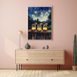 Three Mason Jars Glowing With Fireflies Rustic Poster