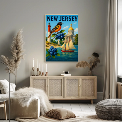 New Jersey State Symbols Blueberries Sailboat Bird Travel Poster Travel Poster