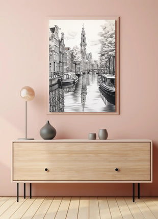 Amsterdam Canal Scene Vintage Illustration Travel Poster