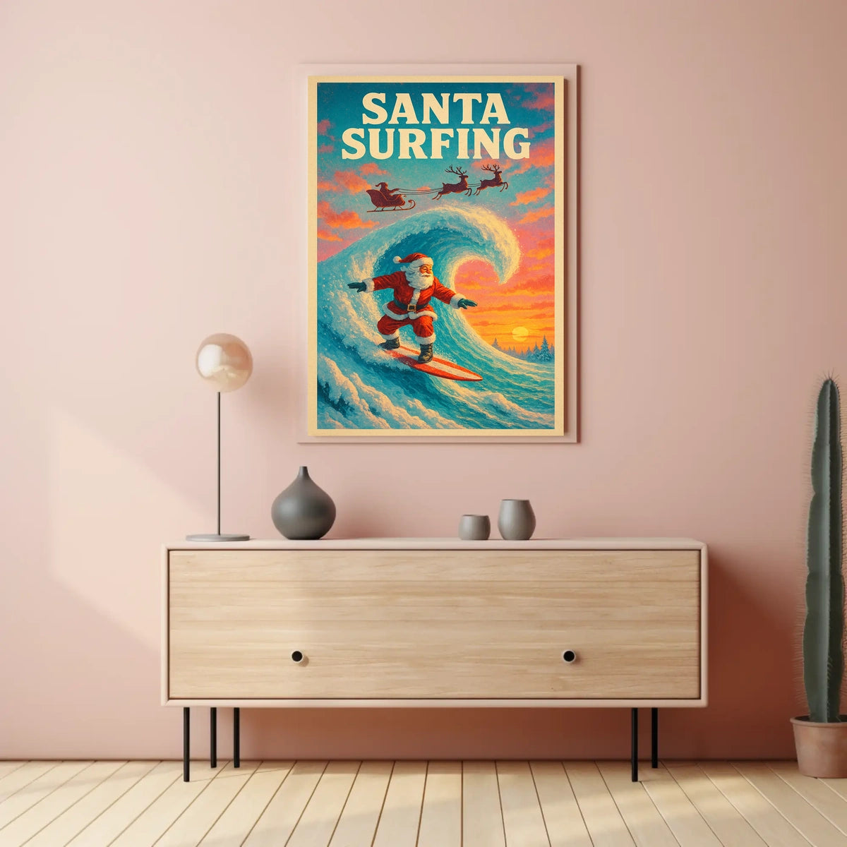 Santa Surfing Christmas Wave Vintage Poster Art