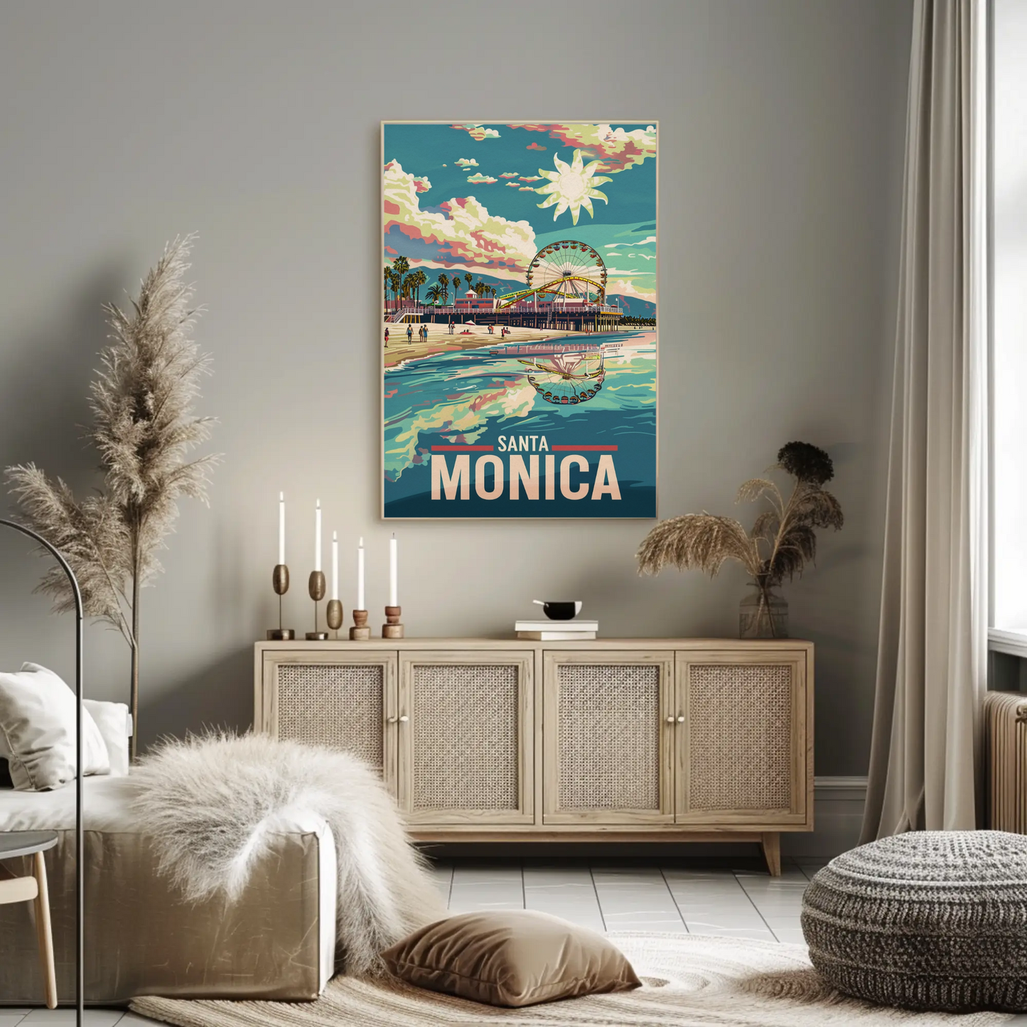 Santa Monica Reflection Ferris Wheel Beachfront Sunset Travel Poster