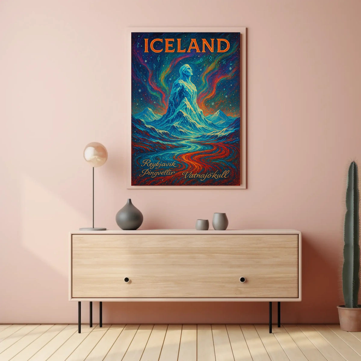 Icelandic Mythical Landscape Poster with Aurora Borealis