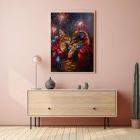 Brown Tabby Cat Curling Up Inside A Woven Basket Poster