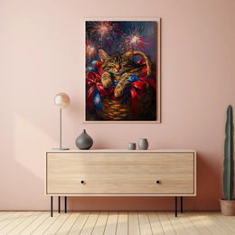 Brown Tabby Cat Curling Up Inside A Woven Basket Poster