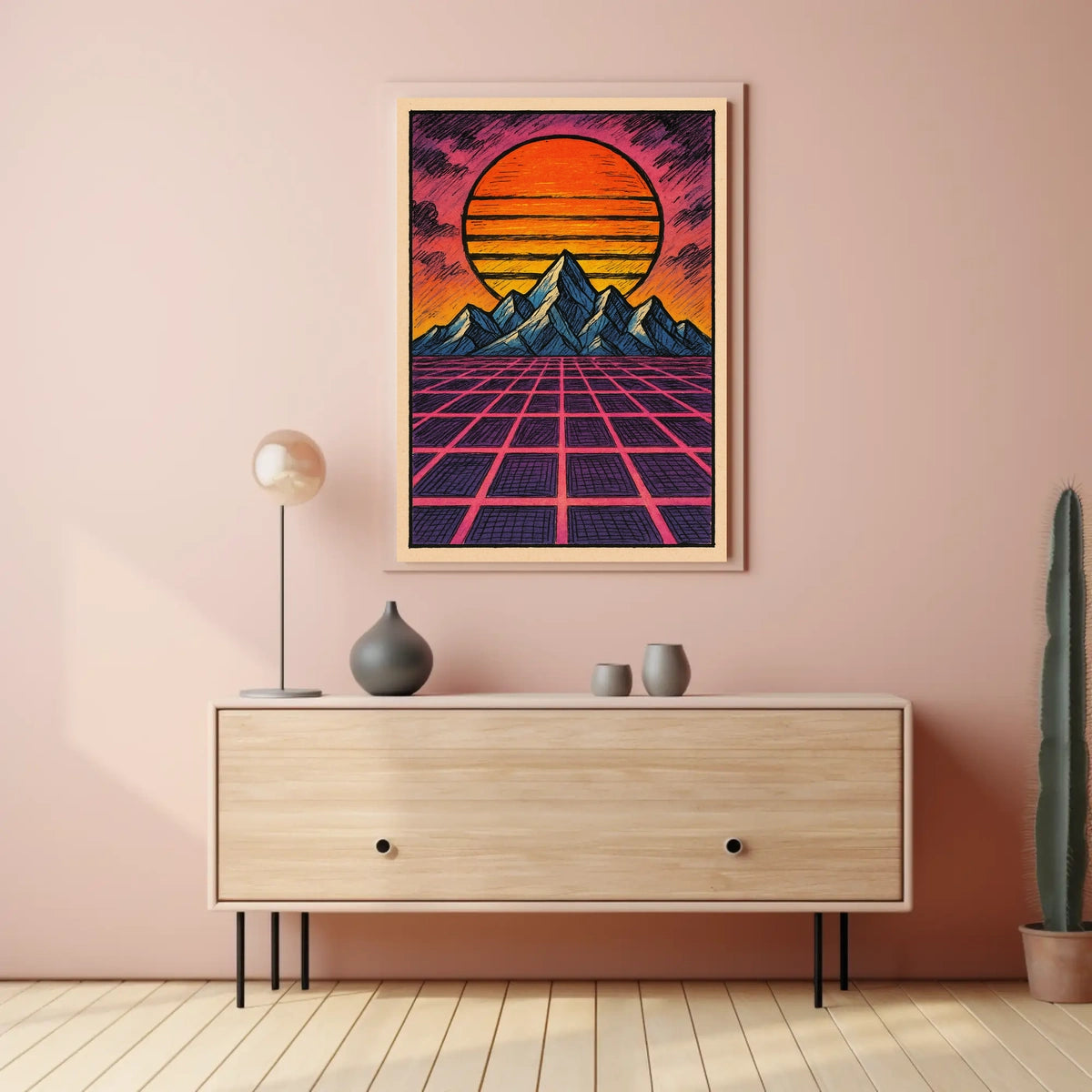 Retro-Futuristic Sunset over Mountains: Futuristic Sci-Fi Poster