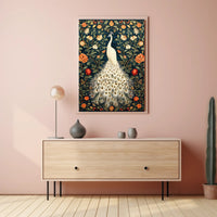 Exquisite White Peacock Among Floral Splendor - Artistic Poster